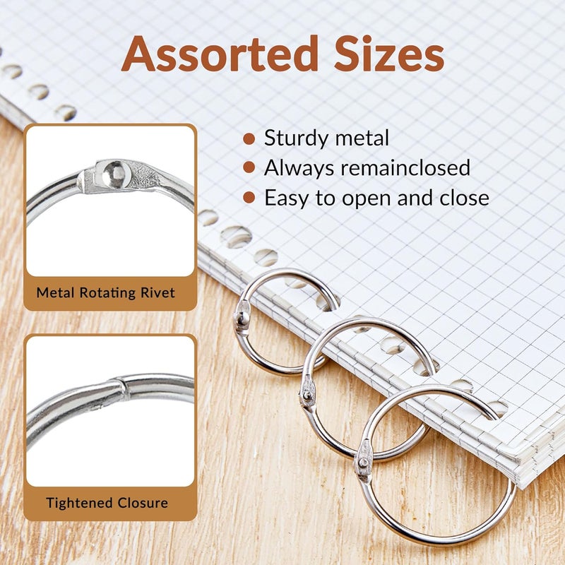 NEEWAY 40pcs Loose Leaf Binder Rings Assorted Sizes (0.75, 1, 1.2 Inch), Metal Rings for Index Cards, Flash Cards, Notebooks,Sliver - Image 4